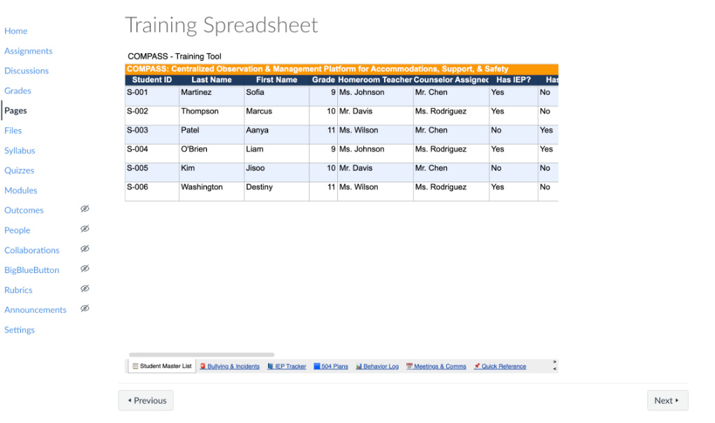 Training spreadsheet with color-coded tabs and organized workflow information.